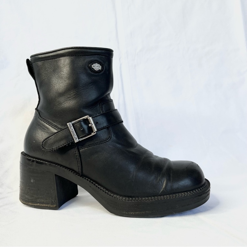 Vintage Harley Davidson Chunky Heel Platform Black Leather Side Zip Boots 6.5